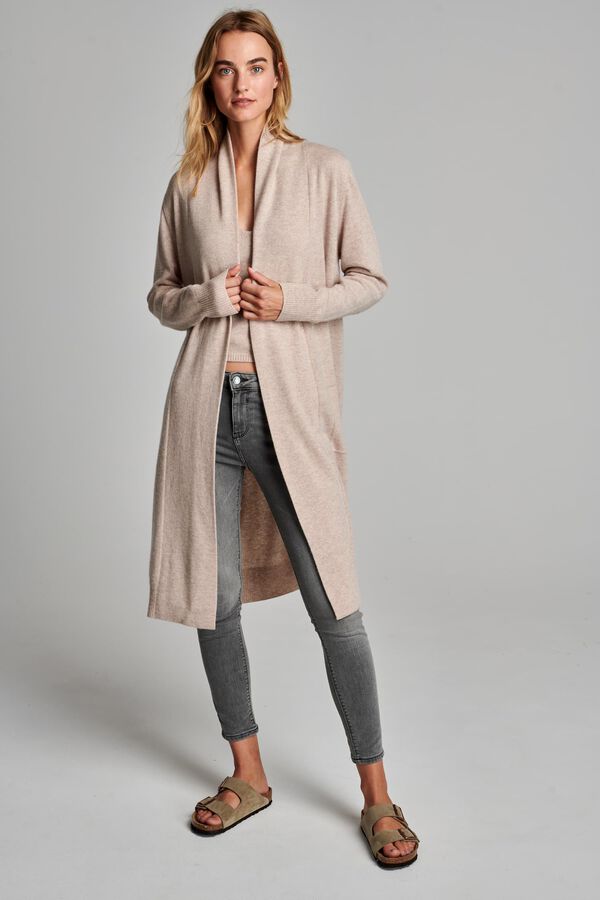 Long open cashmere cardigan with shawl collar