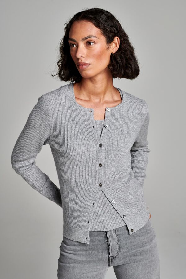 Fine rib knit cashmere round neck cardigan