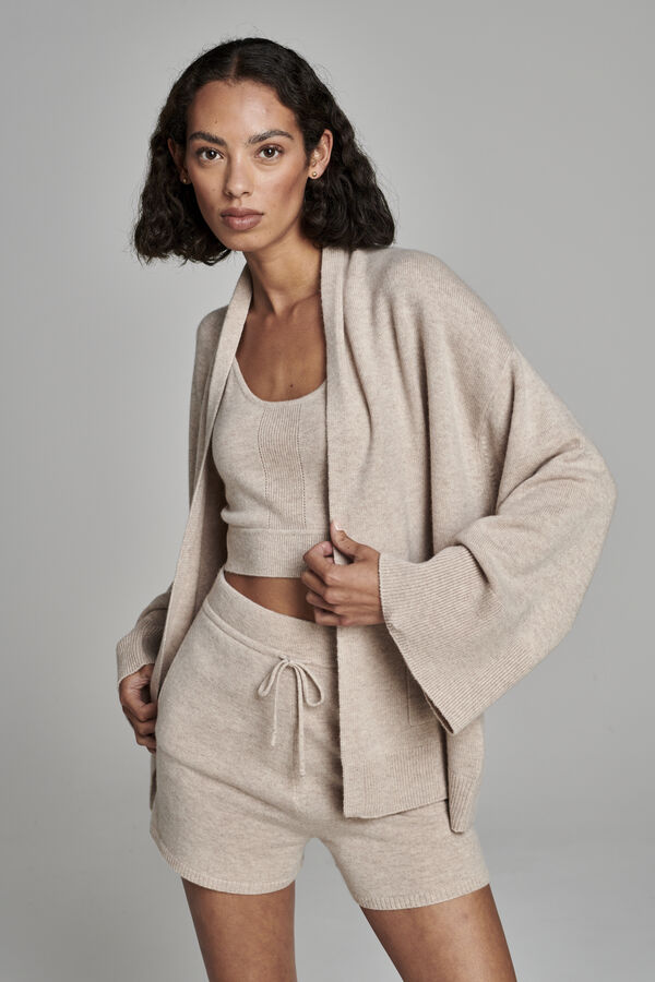 Offene Kaschmir-Strickjacke mit weiten Ärmeln und Taschen