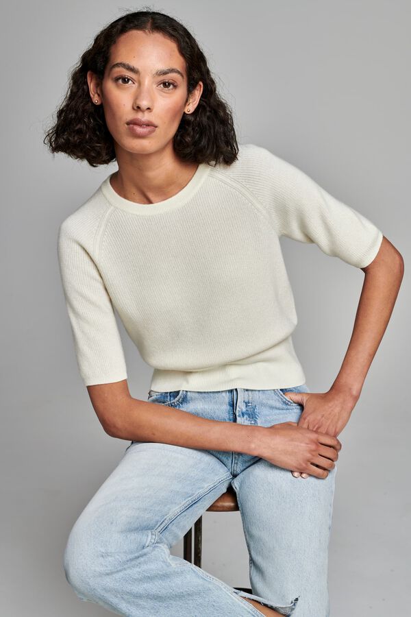Cashmere rib knit short sleeve sweater